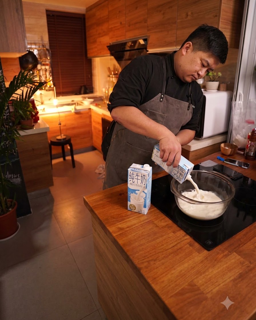 Fresh milk pouring out of a carton into a large clear glass bowl on a wooden countertop.