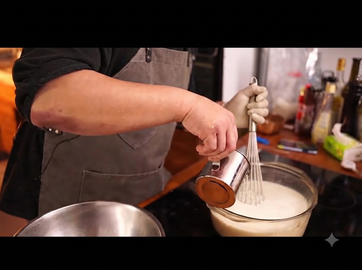 Vinegar being poured into warm milk, causing visible curdling.