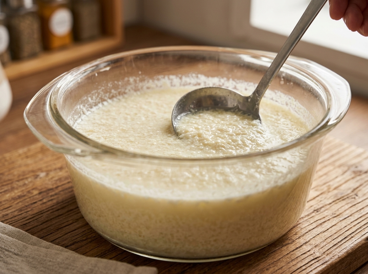 A slotted spoon lifting and checking the texture of newly formed milk curds in a glass bowl.