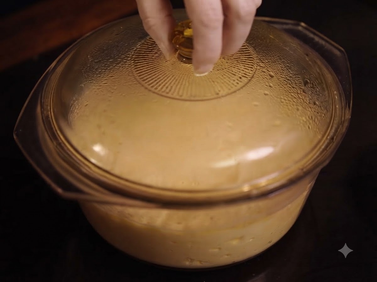 A glass lid being placed on top of a cooking pot filled with simmering ricotta mixture.