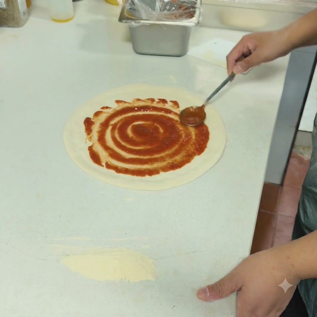 Red tomato sauce being spread in a spiral pattern over the pizza dough with a spoon.