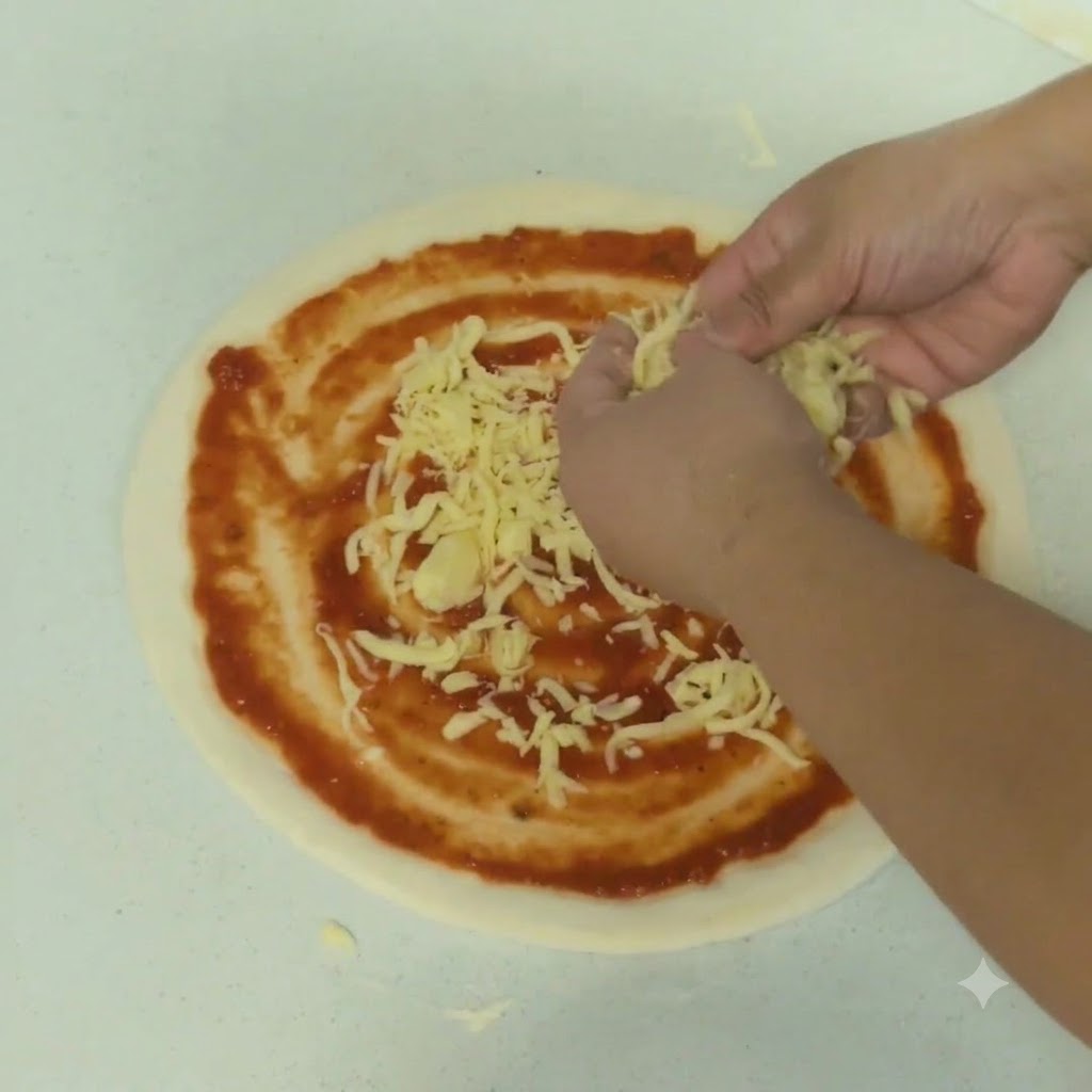 Hands sprinkling shredded cheese evenly over the tomato sauce on the pizza base.