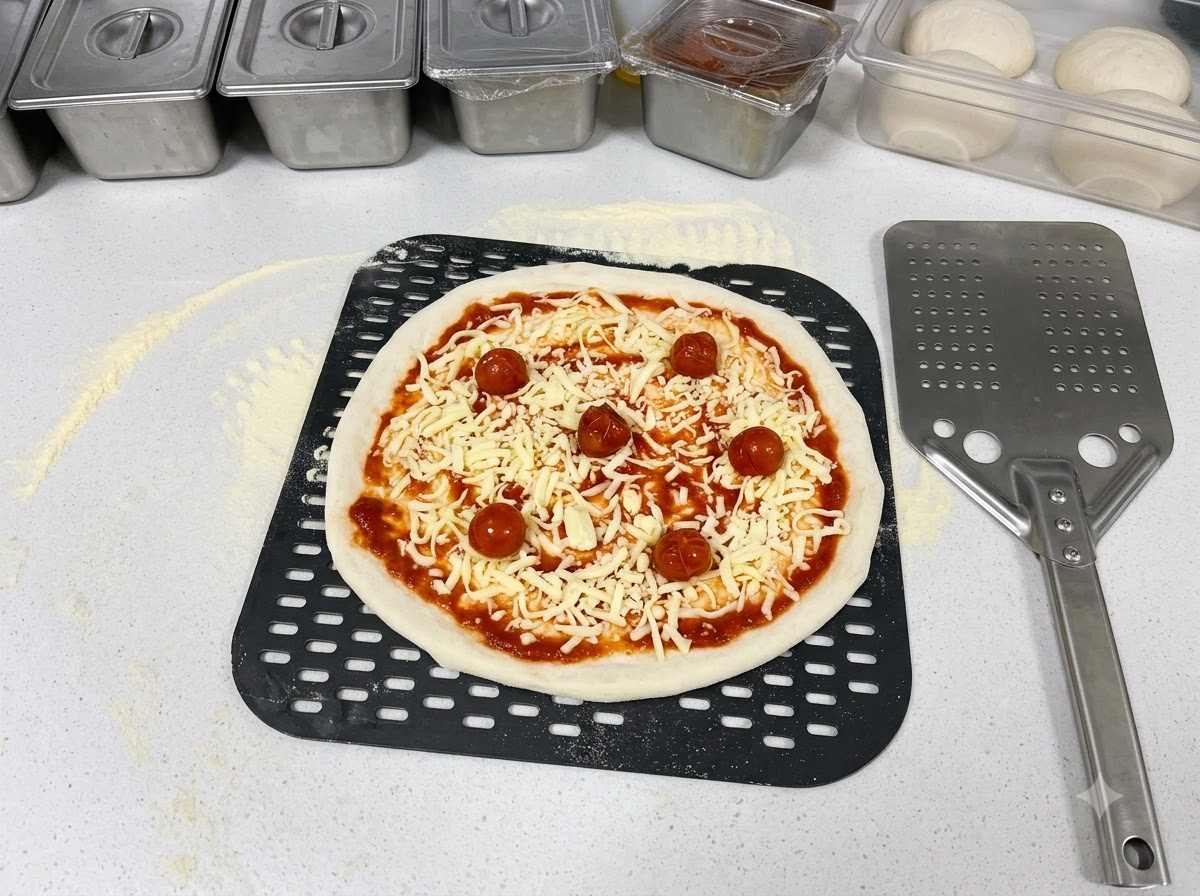 Marinated cherry tomatoes being placed onto the cheese-covered pizza using tongs.