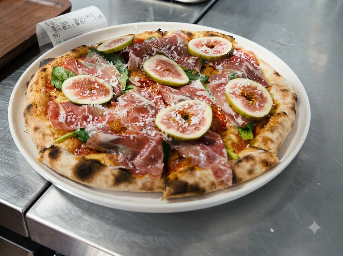 Freshly grated cheese falling onto a prepared pizza garnished with prosciutto and figs.