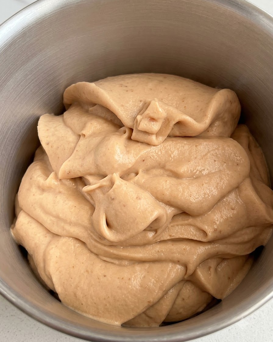 Smooth frozen gelato base sitting inside the metal bowl of an ice cream maker.