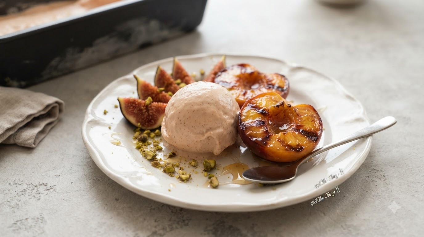 Fig and Rum Gelato with Cinnamon Roasted Peaches