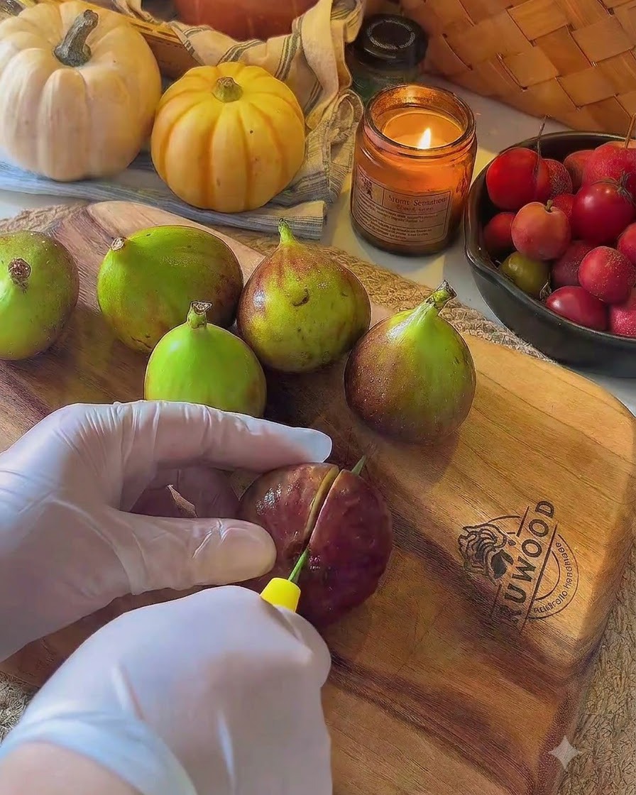 Fresh figs being cut in half on a wooden cutting board using a knife.