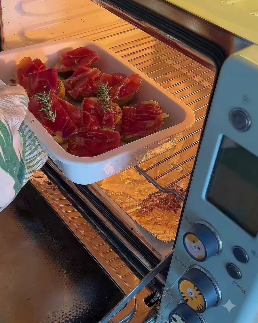 A baking dish with stuffed figs being placed into a small oven.