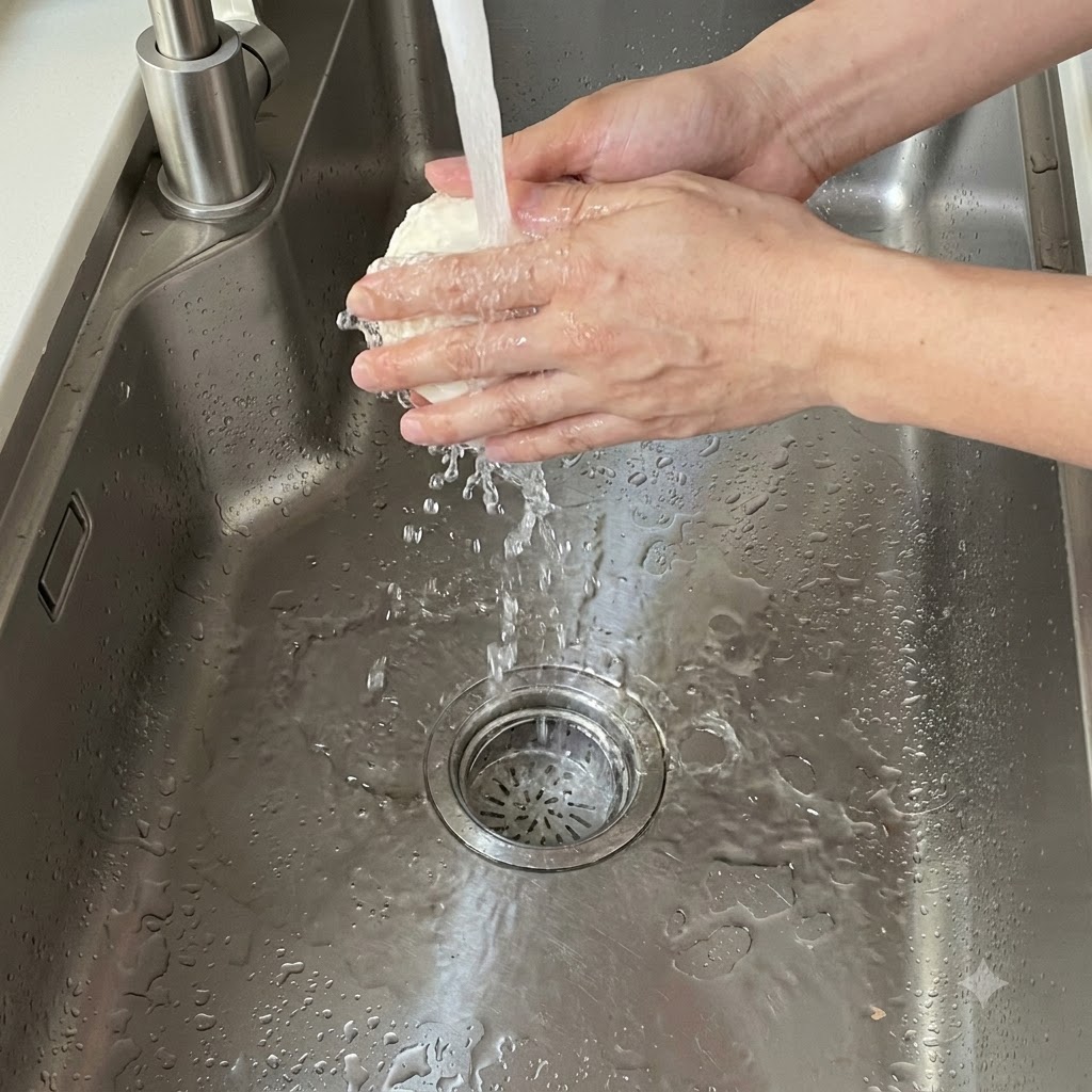 A steamed bun being rinsed under running water in a kitchen sink.