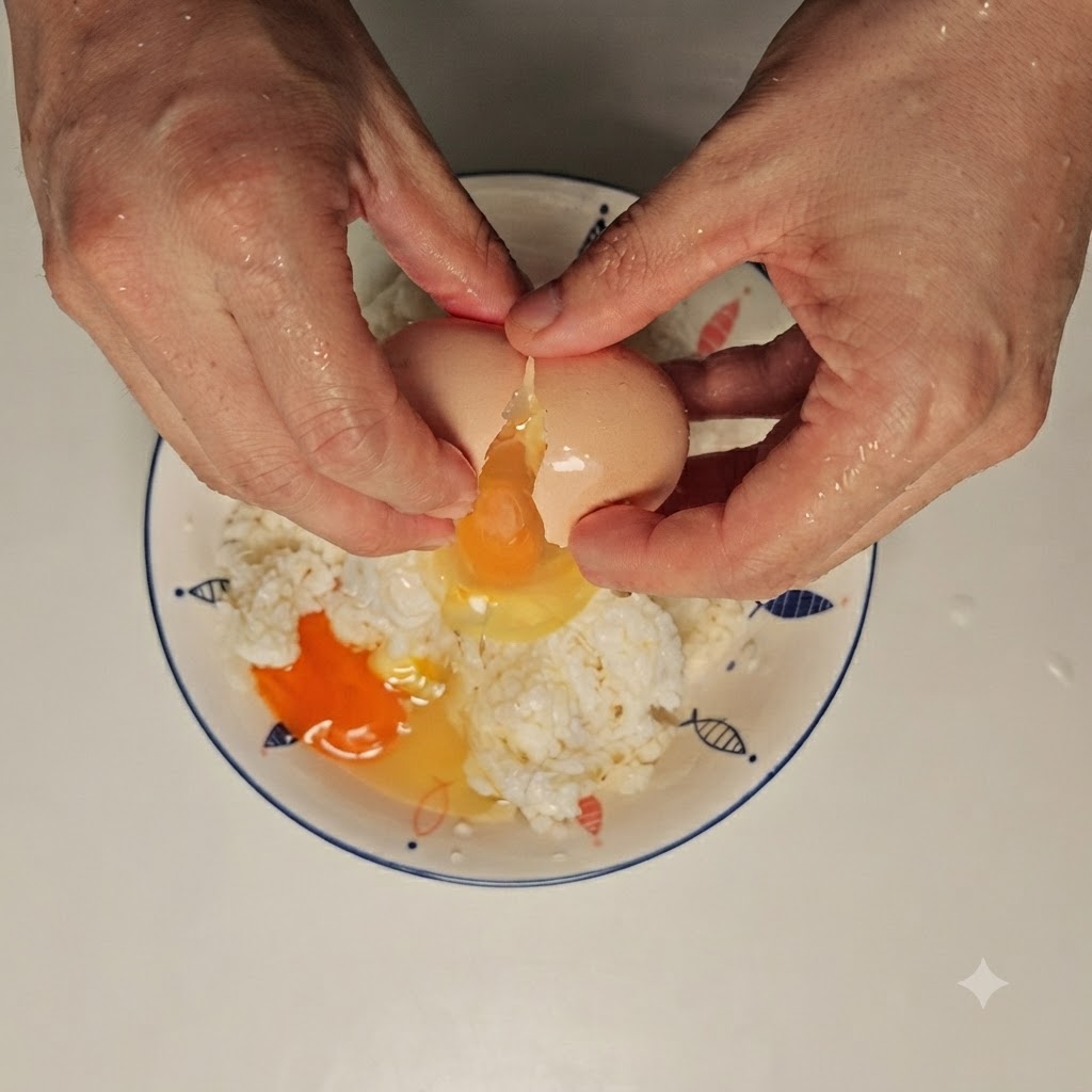 A raw egg being cracked open into a bowl of white bun crumbs.