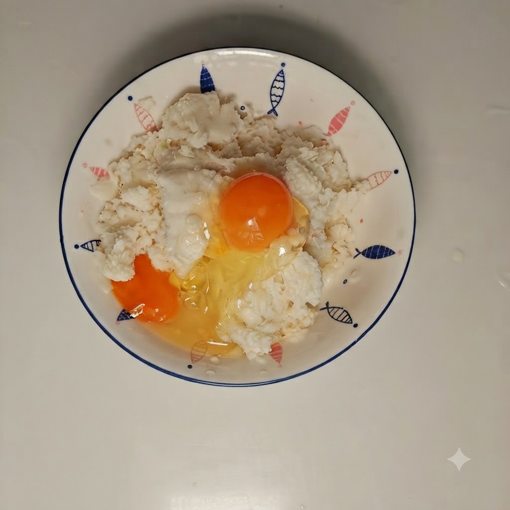 Bun crumbs and a cracked egg combined together inside a white bowl before mixing.