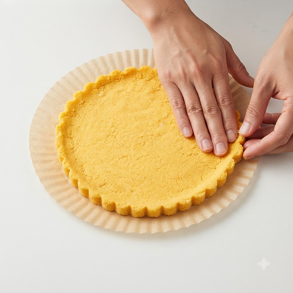Hands pressing and shaping a round yellow dough base with a raised edge on parchment paper.