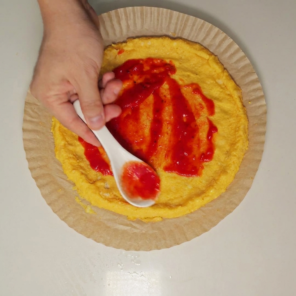 A spoon spreading vibrant red tomato sauce evenly over a round pizza dough base.