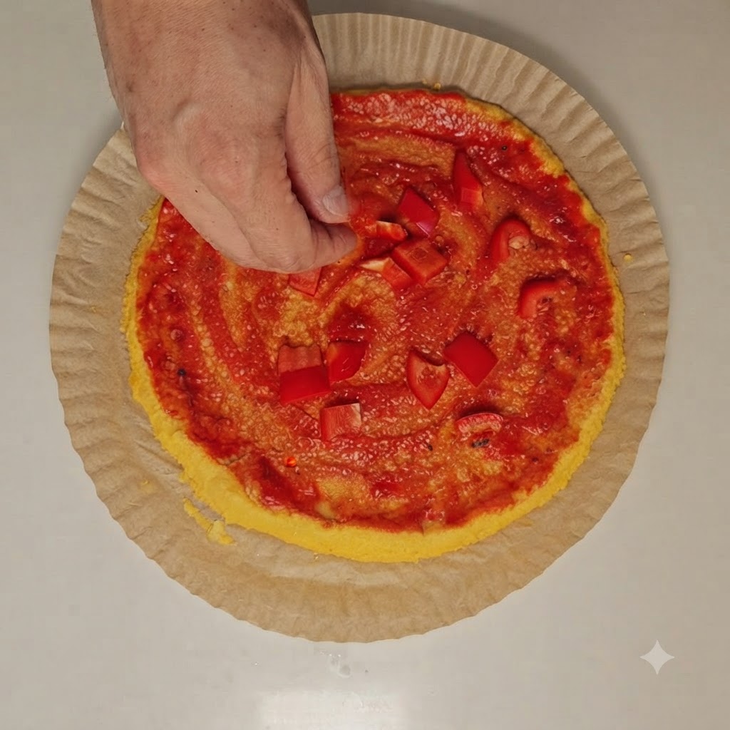 A person sprinkling shredded cheese over chopped bell peppers on a red pizza sauce base.