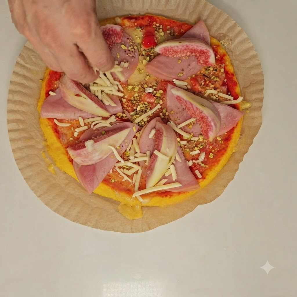 A hand adding a final sprinkle of shredded cheese on top of the figs and ham before the final bake.