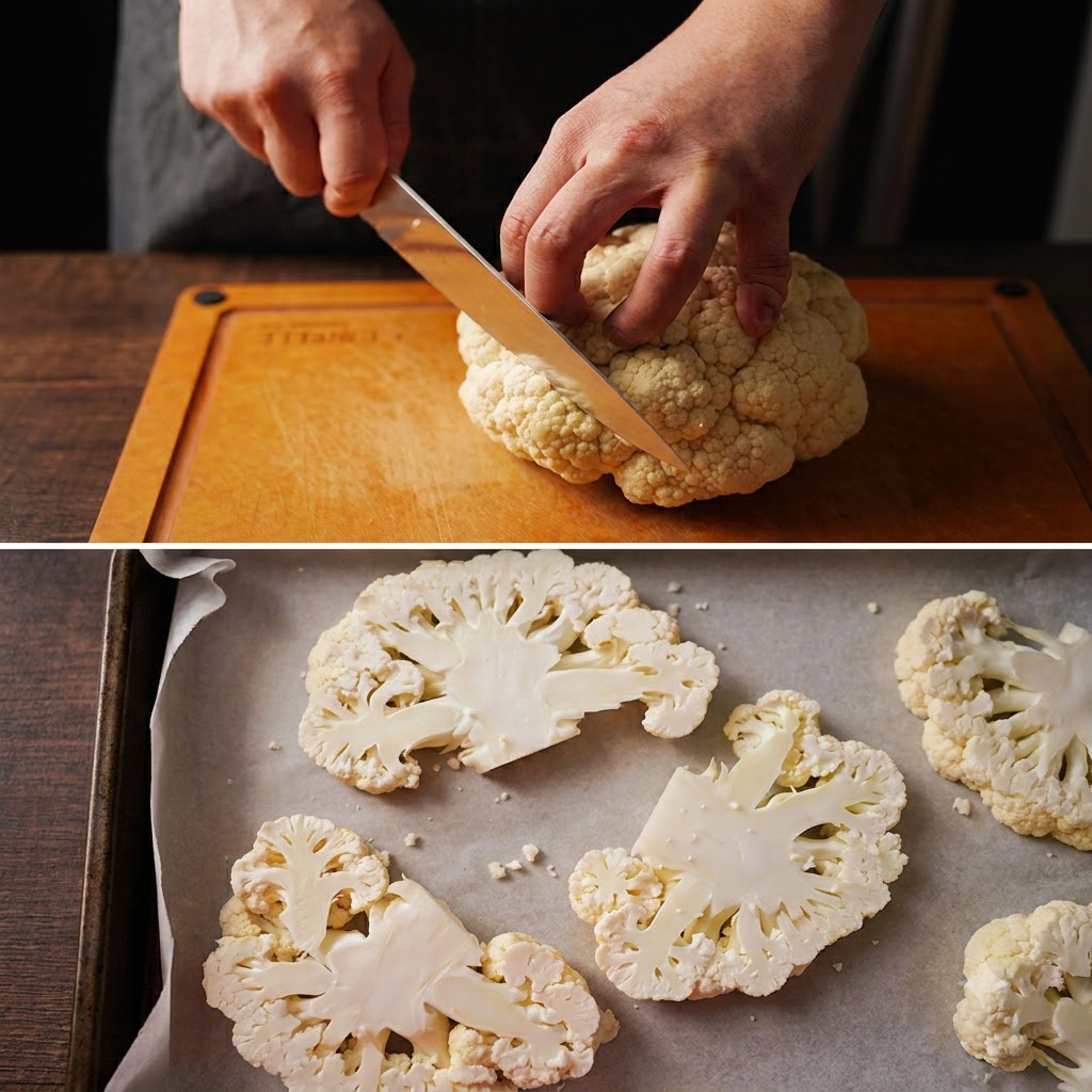 A close-up view of a chefs hands cutting a fresh white cauliflower head into thick slabs on a wooden board.
