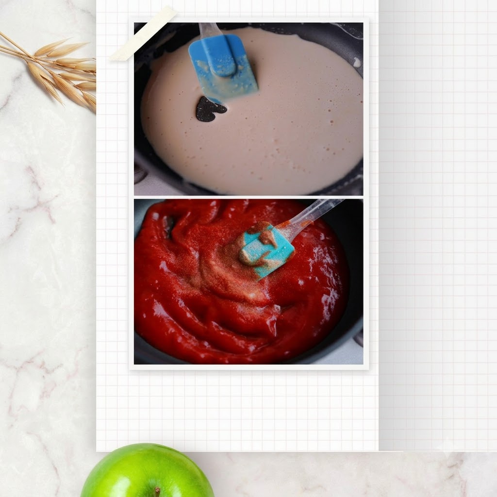 A blue silicone spatula blending water and protein powder in a dark non-stick skillet.
