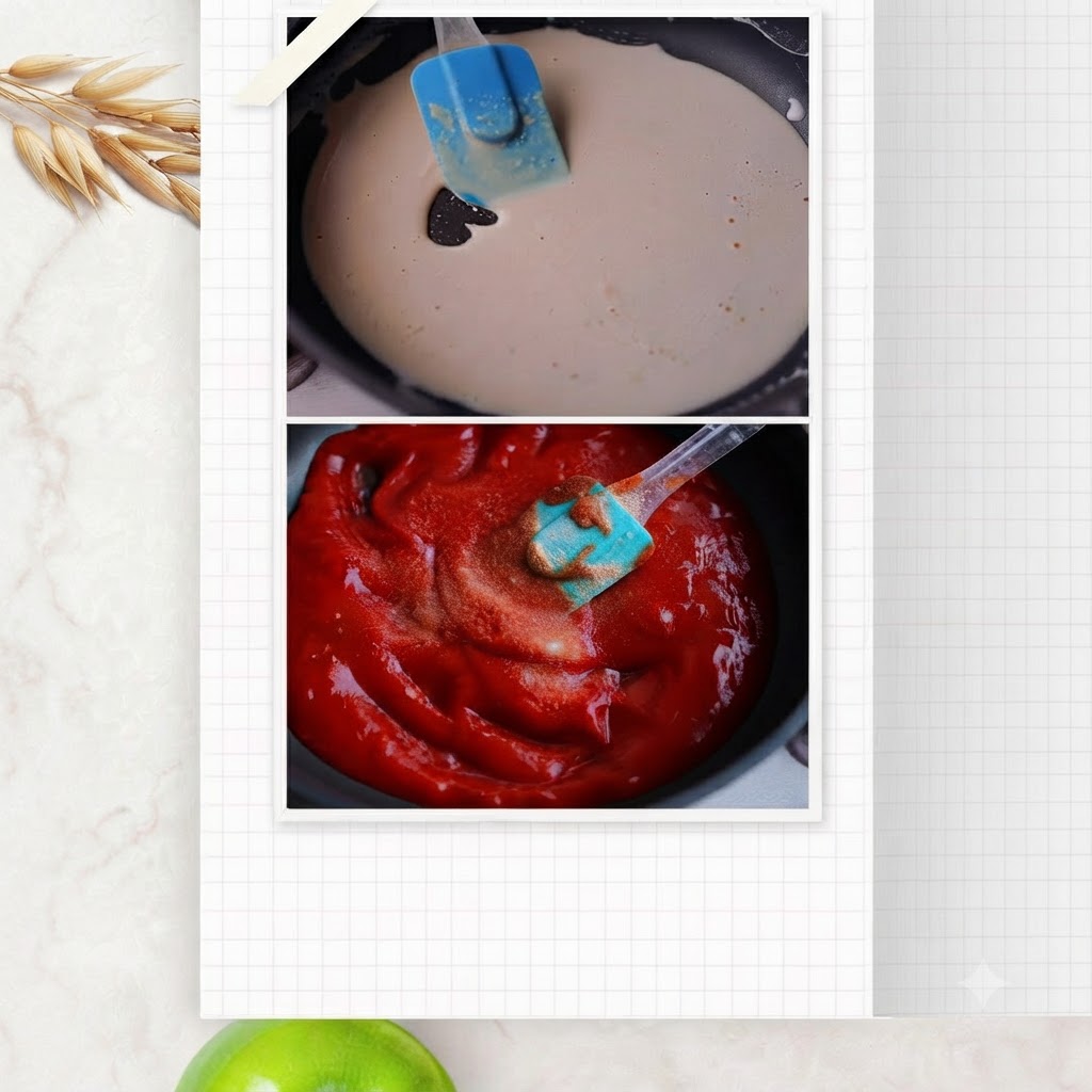 A blue spatula mixing and stirring a rich, dark red tomato sauce bubbling in a pan.