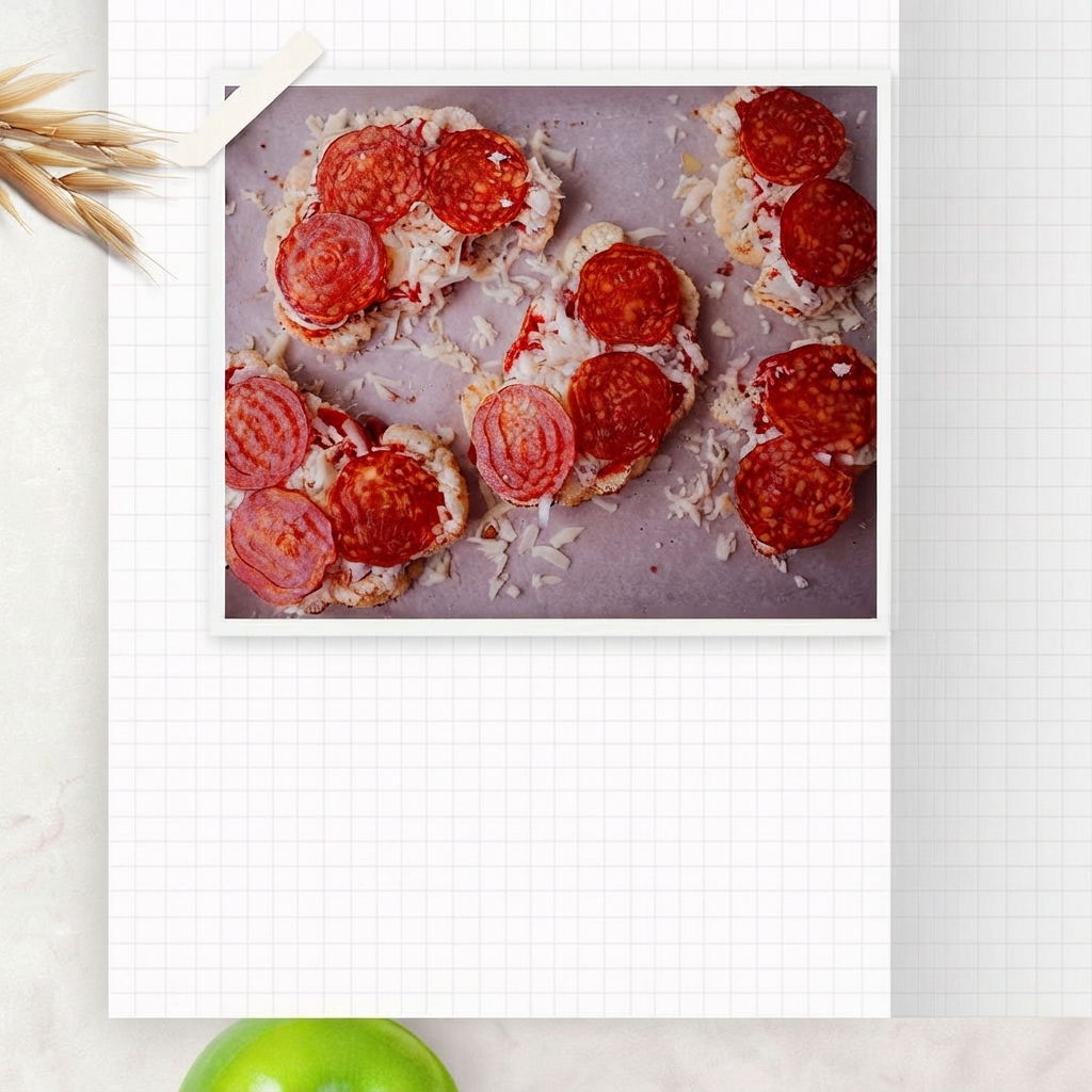 Top-down view of prepped cauliflower slices covered in tomato sauce, melted cheese, and pepperoni rounds on parchment paper.