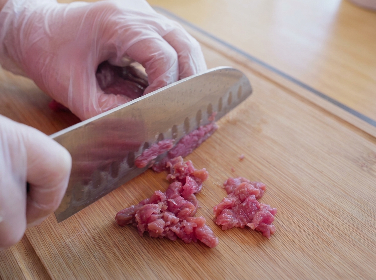 A gloved hand holding a knife to dice raw beef on a wooden cutting board.