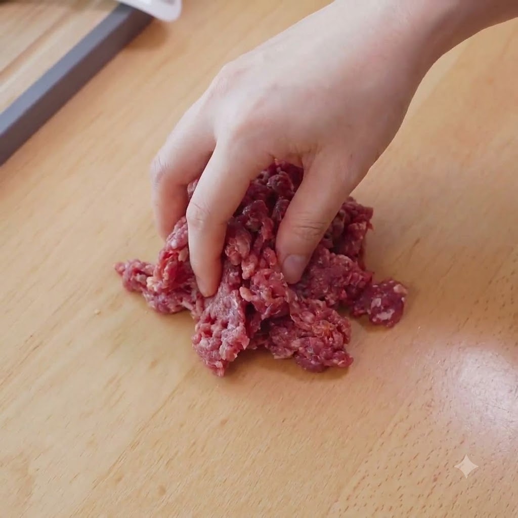 A hand mixing raw diced beef with marinade ingredients on a wooden cutting board.