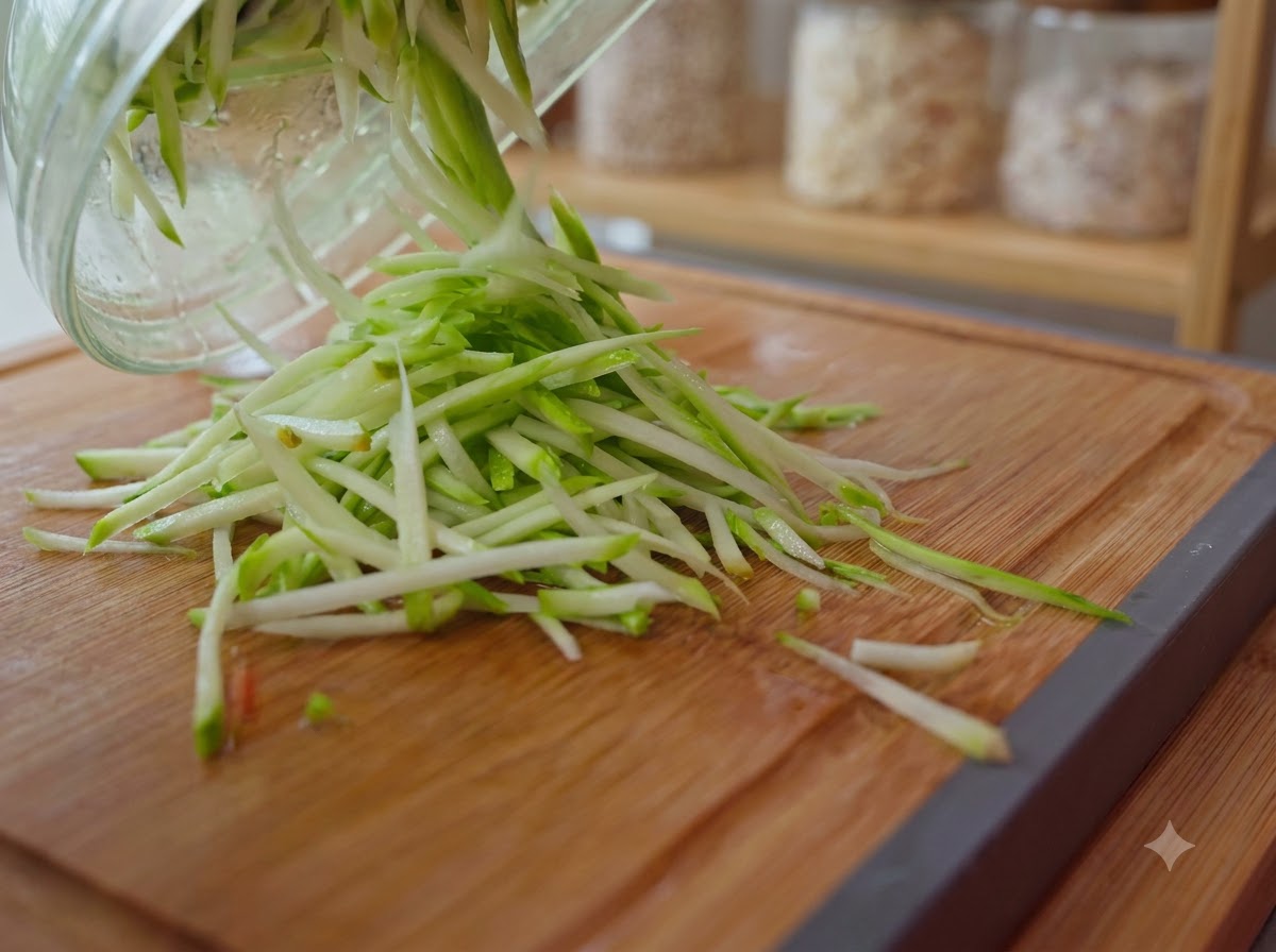 Fresh zucchini and carrot shreds sliding from a glass bowl onto a wooden cutting boardcite: 1.