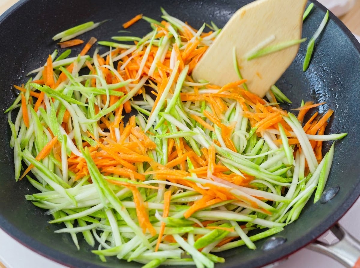 Green zucchini shreds and orange carrot shreds being stir-fried in a pan with a wooden spatula.