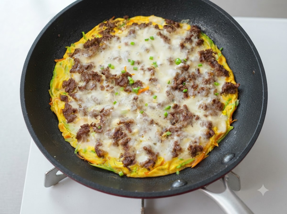 A fully cooked zucchini cheese beef patty in a pan, topped with melted cheese and chopped green onions.