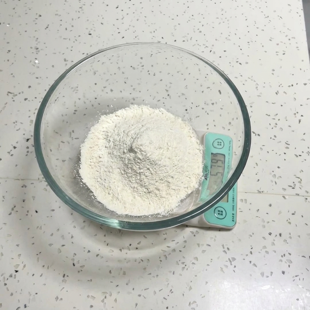 A clear glass mixing bowl containing white flour sitting on a digital kitchen scale.