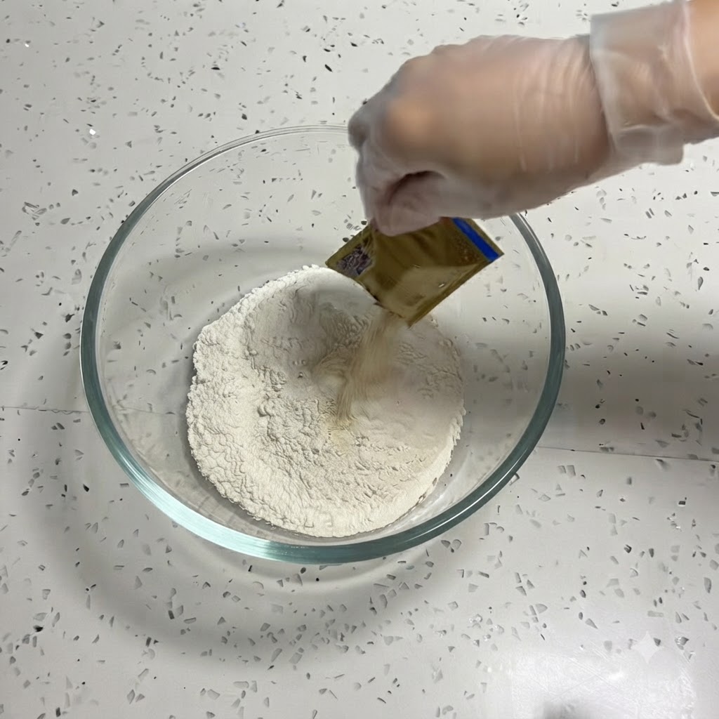 A gloved hand pouring dry yeast powder from a small packet into a bowl of flour.