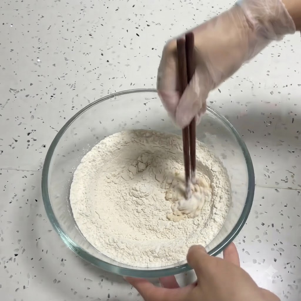 A hand using wooden chopsticks to stir the flour, yeast, sugar, and salt in a glass bowl.