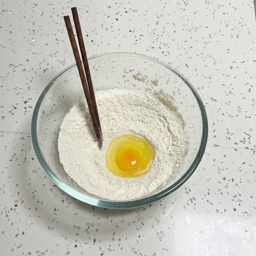 A cracked raw egg resting in the center of a flour mixture with chopsticks sticking out.