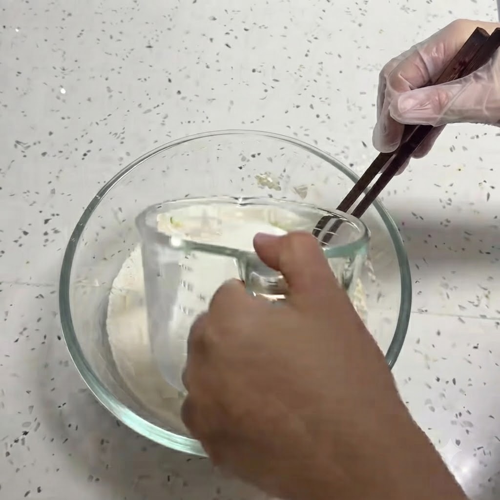 Milk being poured from a clear measuring cup into a glass bowl filled with flour mixture.