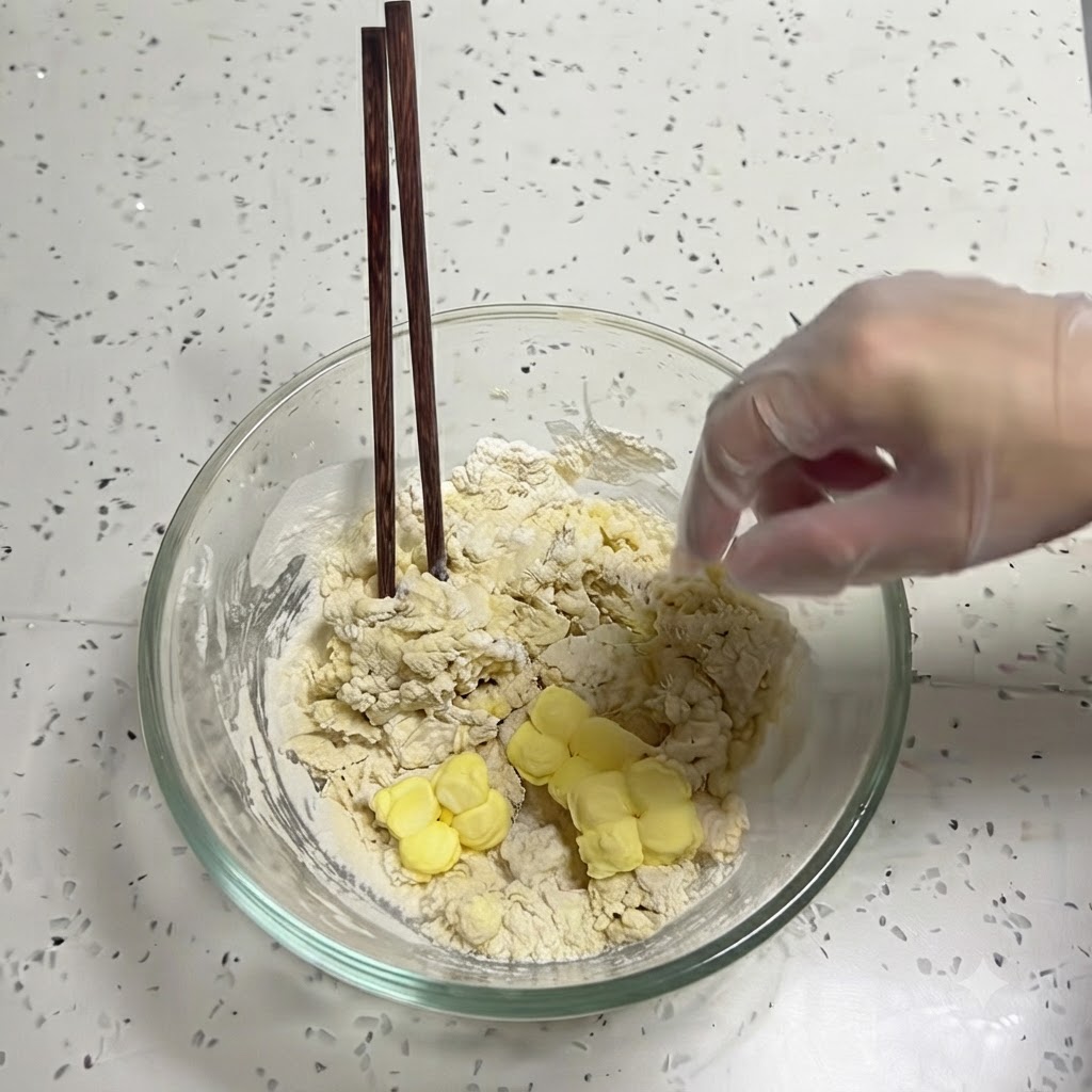 Pieces of yellow butter added on top of a shaggy, mixed dough inside a glass bowl.