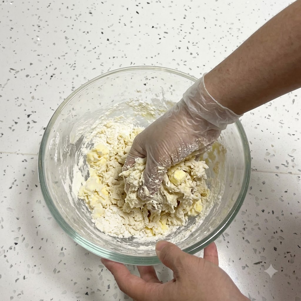A hand wearing a plastic glove kneading sticky dough and butter inside a glass bowl.