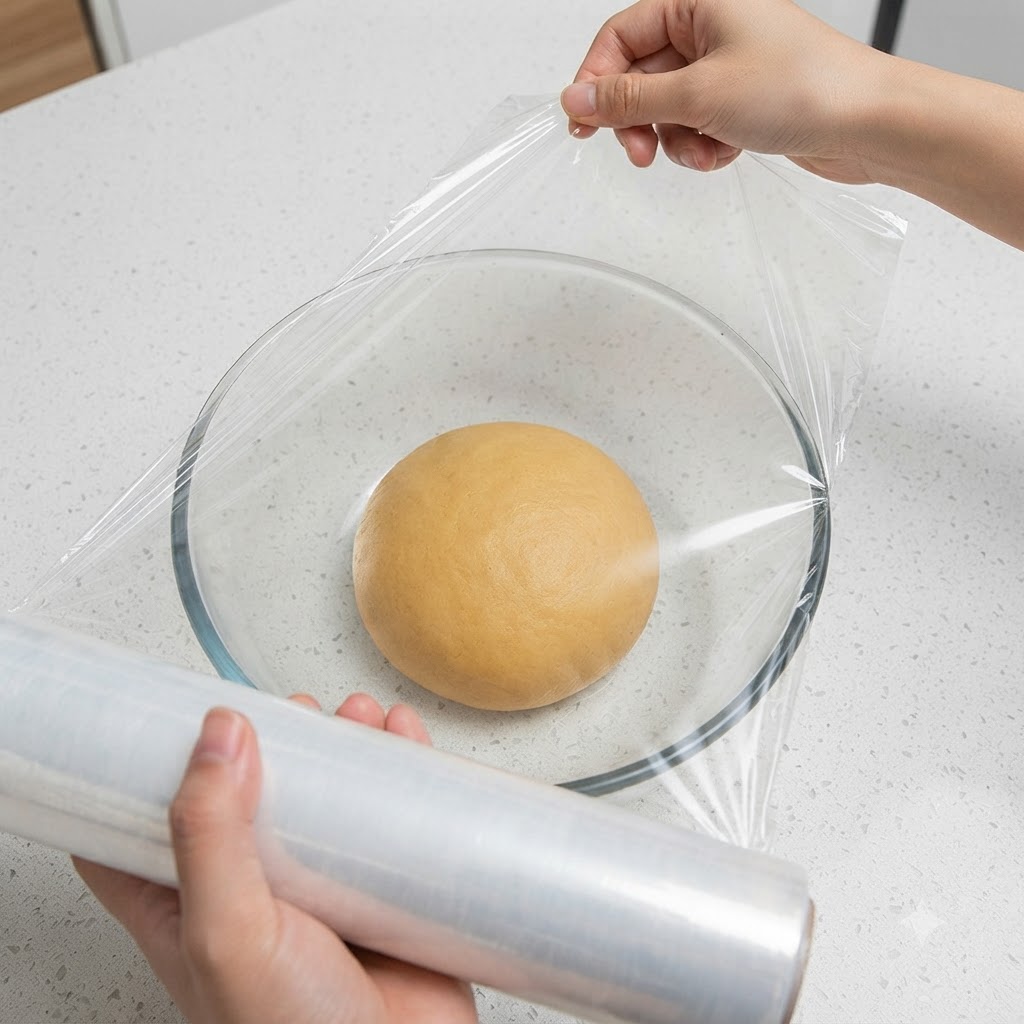Plastic wrap being stretched over a glass bowl containing a smooth ball of dough.