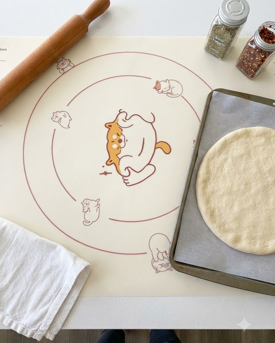 Rolled flat dough placed on a parchment-lined baking sheet next to a wooden rolling pin and spice jars.