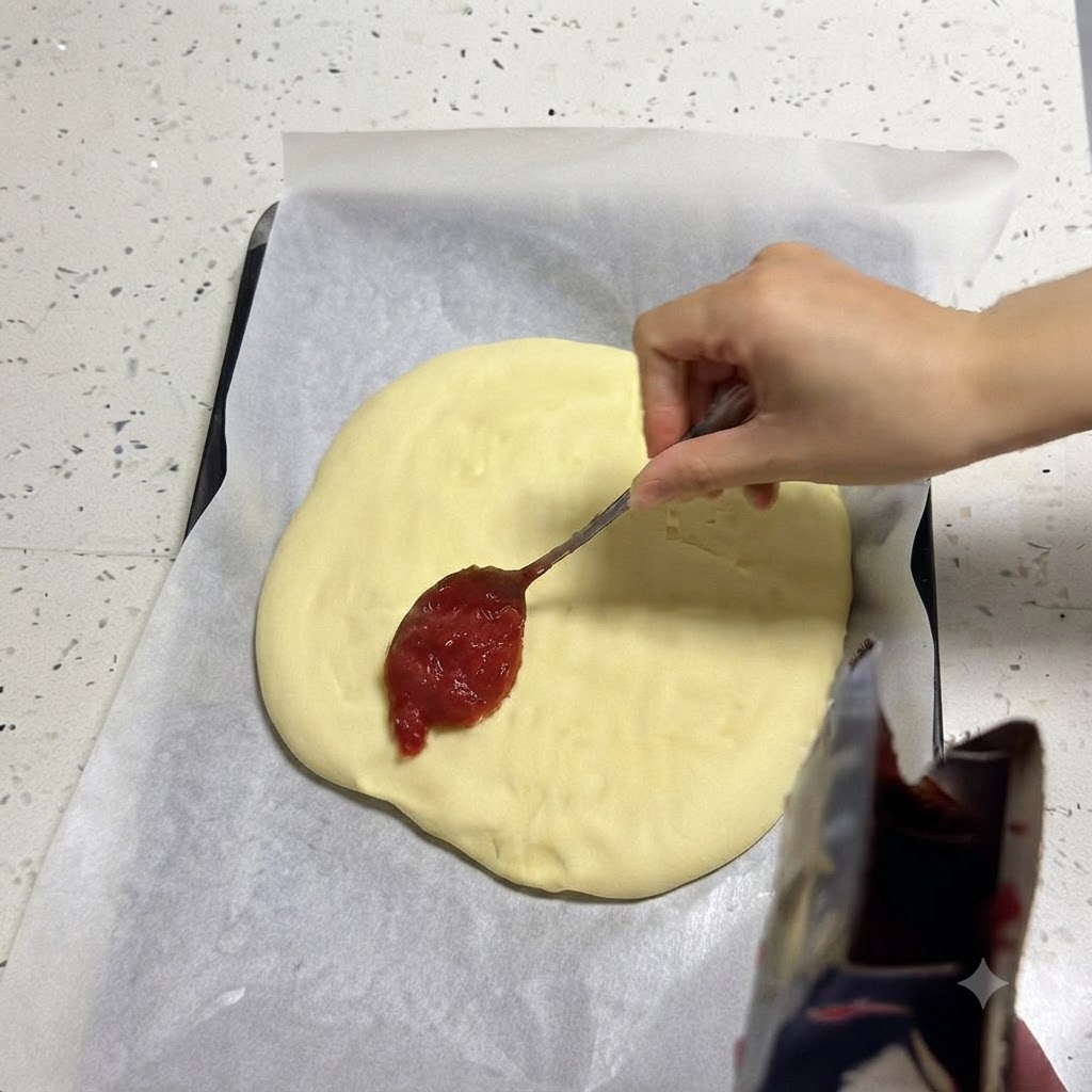 A hand using a spoon to spread red pizza sauce onto a partially baked pizza crust.