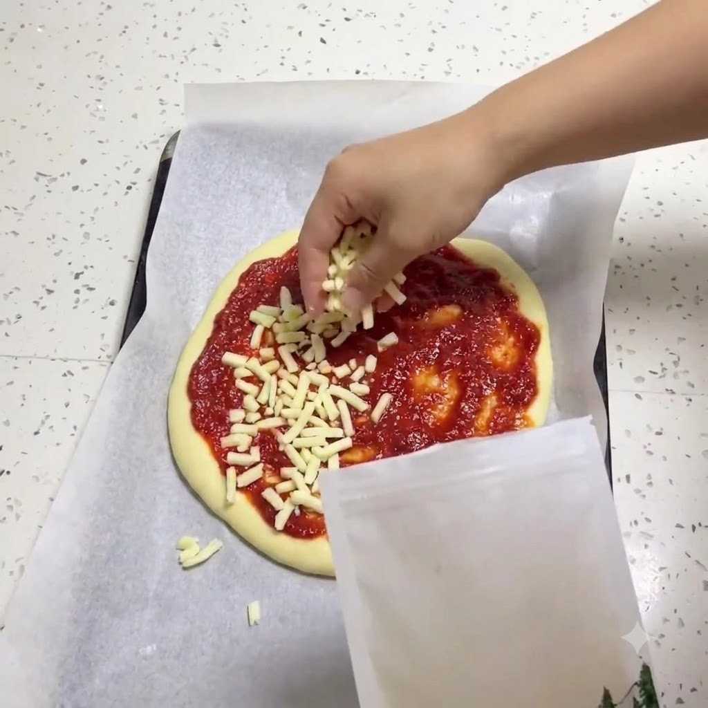 A hand sprinkling shredded mozzarella cheese from a bag onto a pizza crust topped with red sauce.