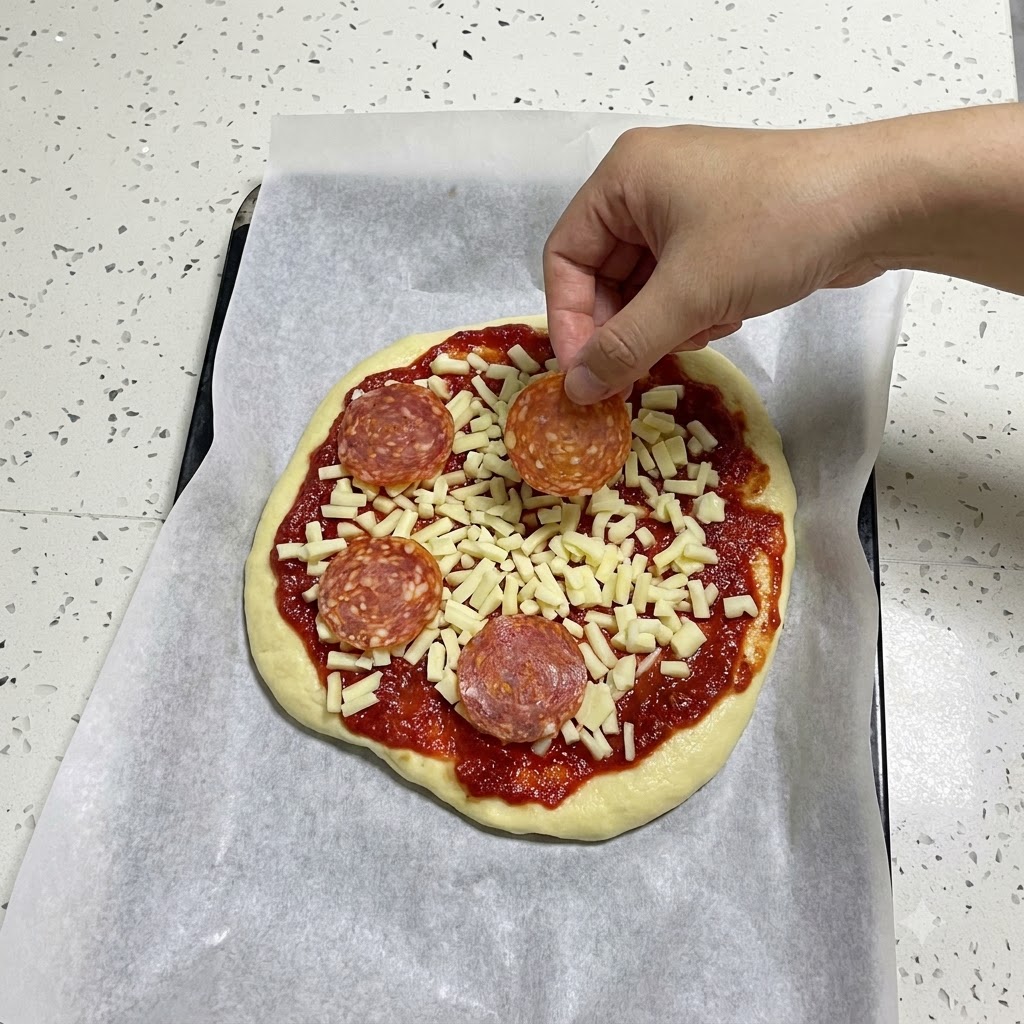 A hand placing round slices of salami onto an unbaked pizza covered with sauce and shredded cheese.
