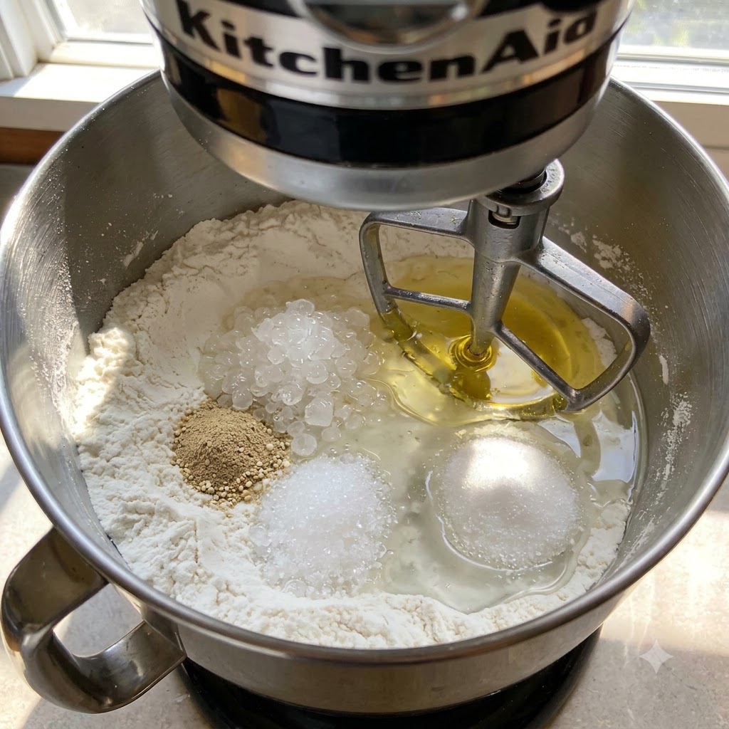 Flour, yeast, sugar, salt, water, and olive oil inside a stand mixer bowl ready for kneading.