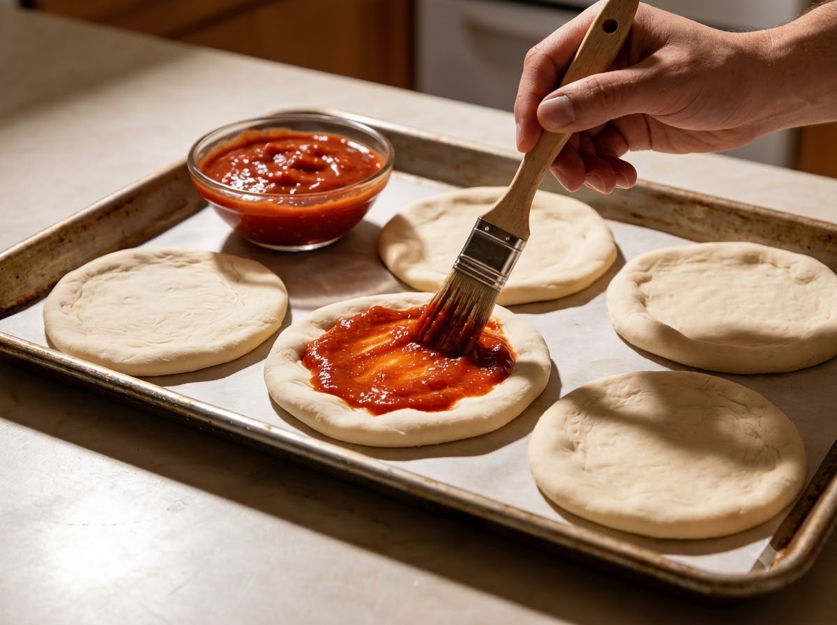 Flattened pizza dough rounds on a baking tray being brushed with red tomato paste.