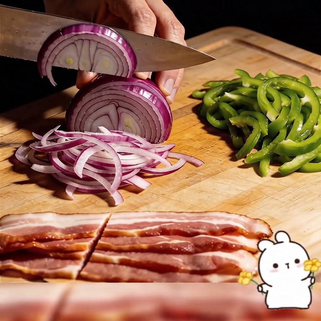 Thinly sliced red onions and green pepper strips on a cutting board beside strips of bacon.