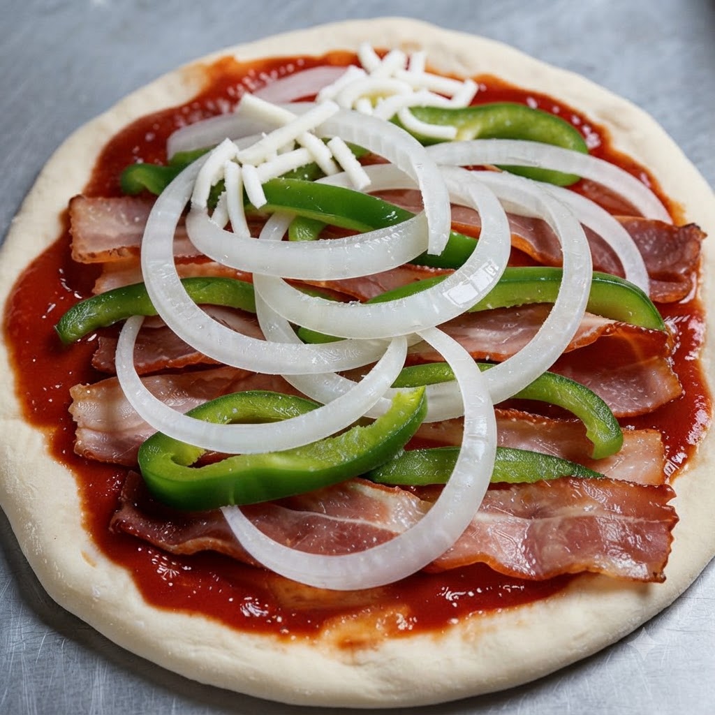 A pizza base layered with tomato sauce, bacon, onion slices, green bell pepper, and mozzarella cheese.