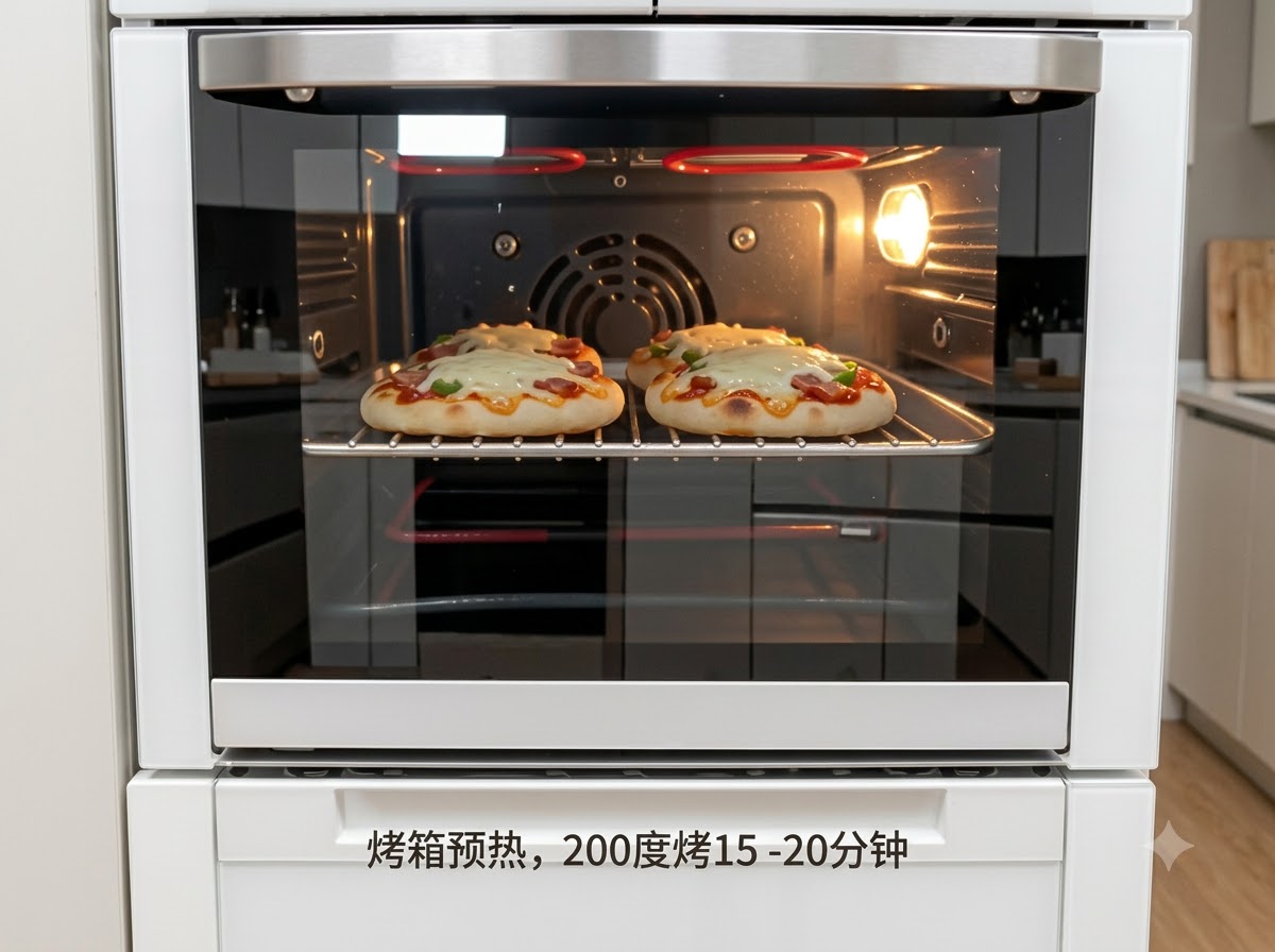 Two small pizzas baking inside a hot, preheated oven with visible heating elements.
