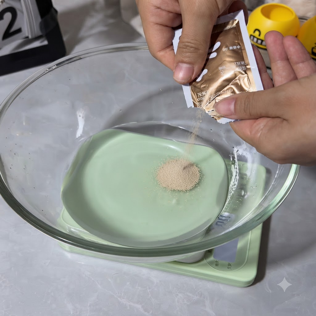 Dry yeast being poured from a packet into a glass bowl containing cold water on top of a digital scale.