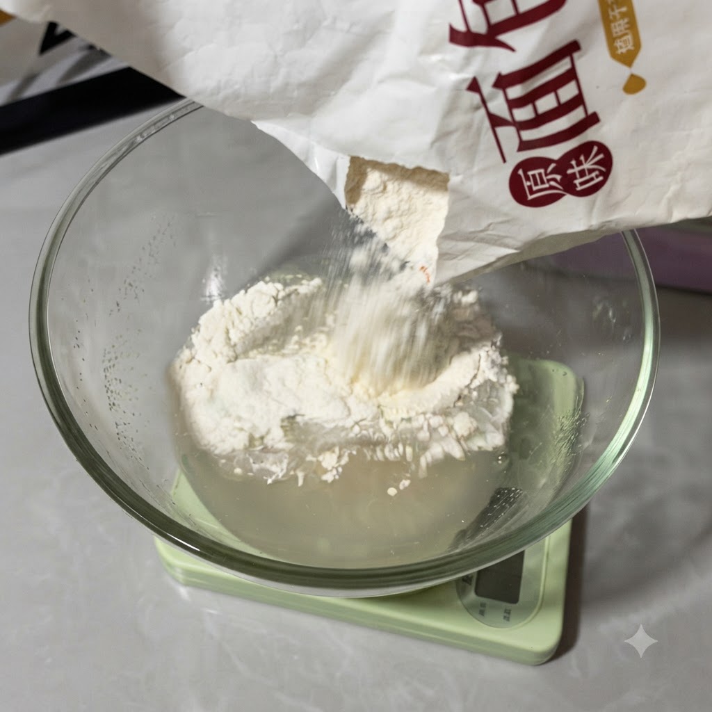 White bread flour being poured from a bag into the glass bowl with the yeast and water mixture.