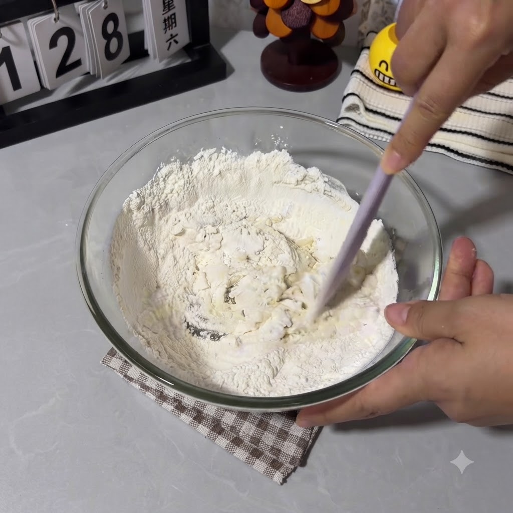 A hand using a purple silicone spatula to mix flour and water into a shaggy dough inside a glass bowl.