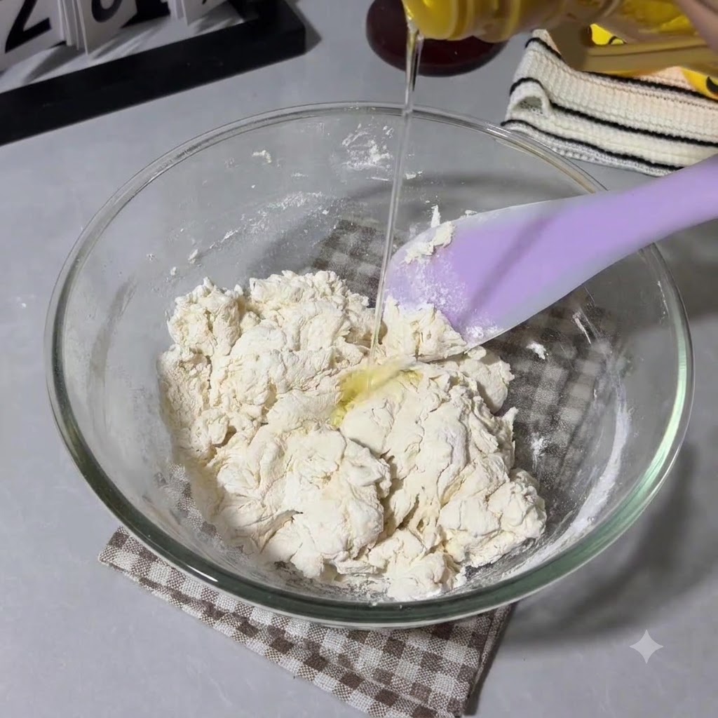 Corn oil being poured from a bottle onto the shaggy dough in the glass bowl next to a spatula.