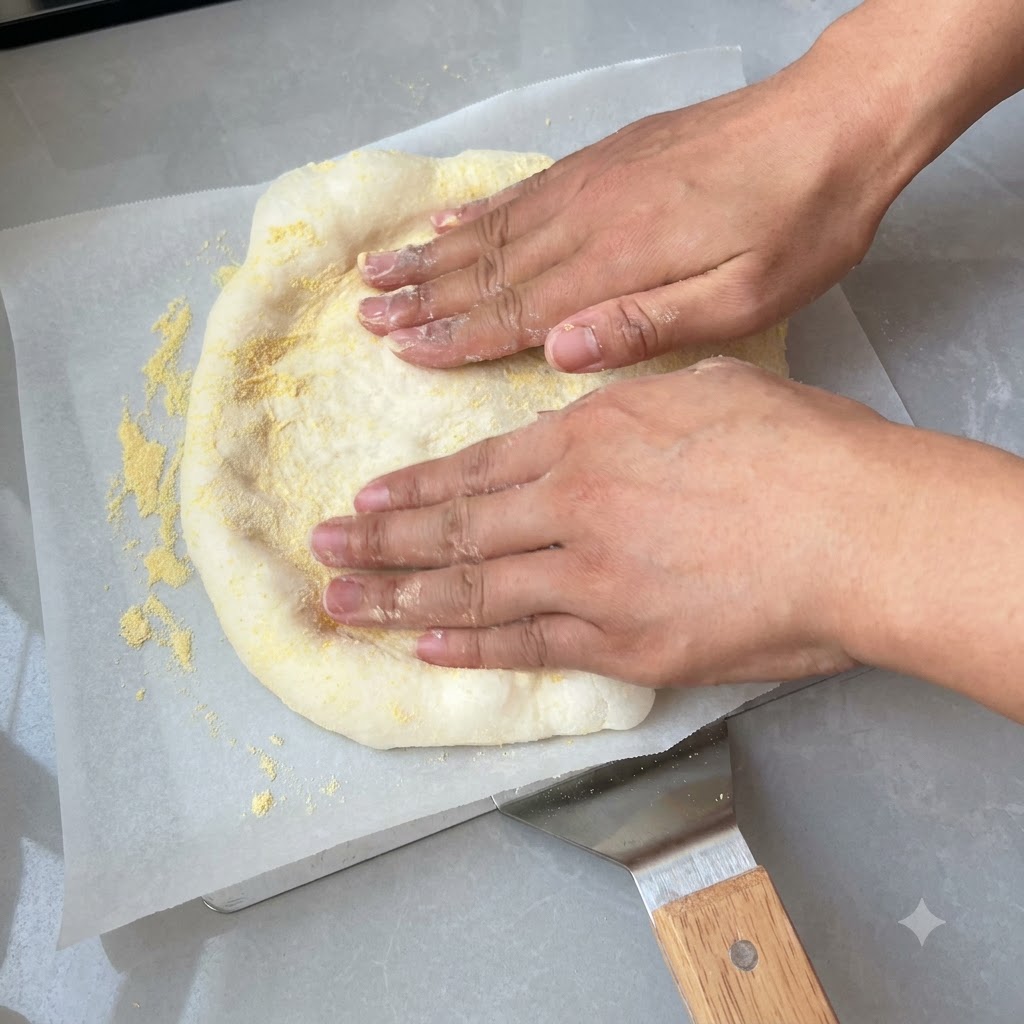 Hands pressing and stretching pizza dough into a circular shape on cornmeal-dusted parchment paper.